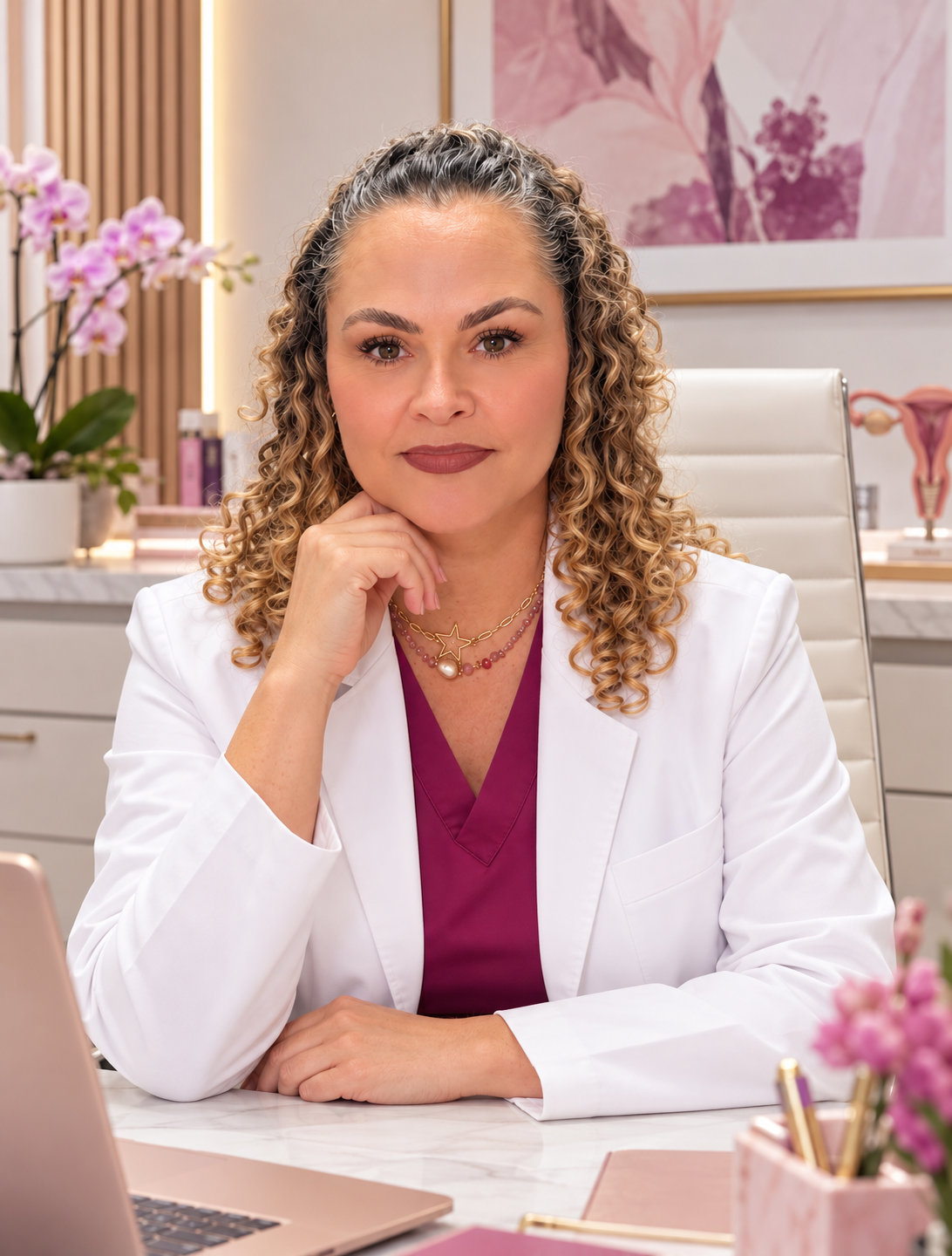 Dra. Valentina Flamerich sentada en su consultorio con bata blanca